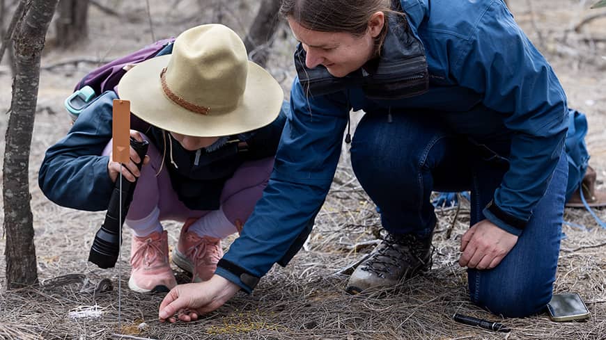 Woman and child lift trapdoor burrow lid