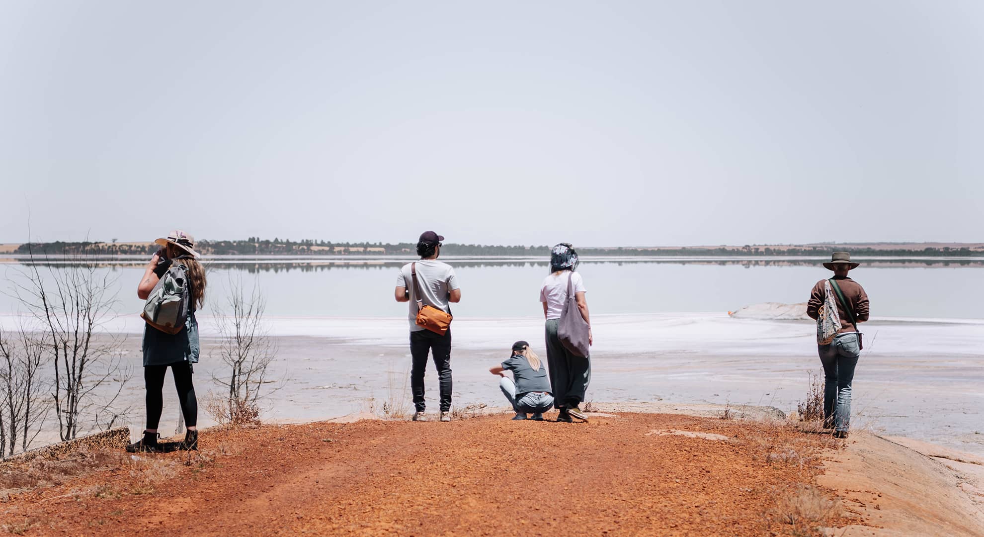 5 people looking out across hypersaline Lake Dumbleyung