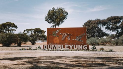A large artwork sign for the town of Dumbleyung