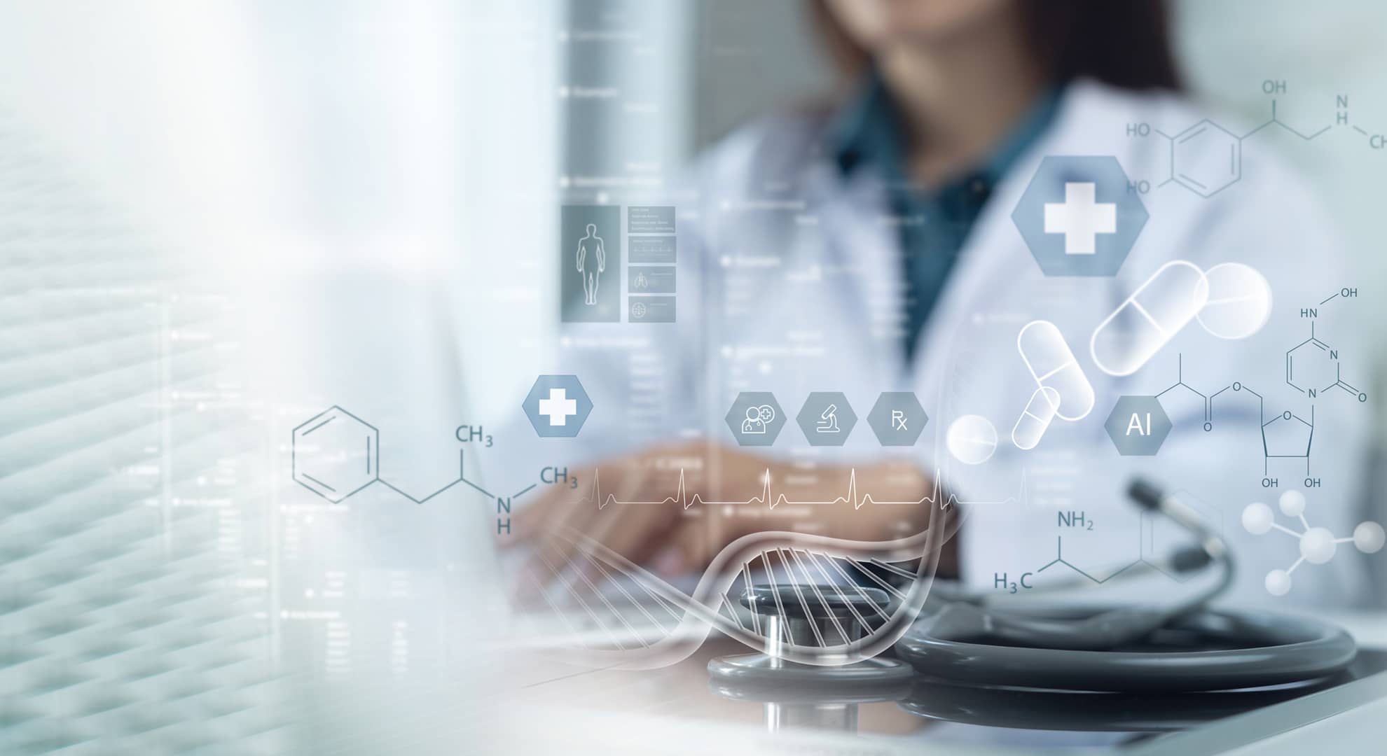 Woman in a white coat typing on a computer, with images of medicine and chemical compounds super-imposed on it.