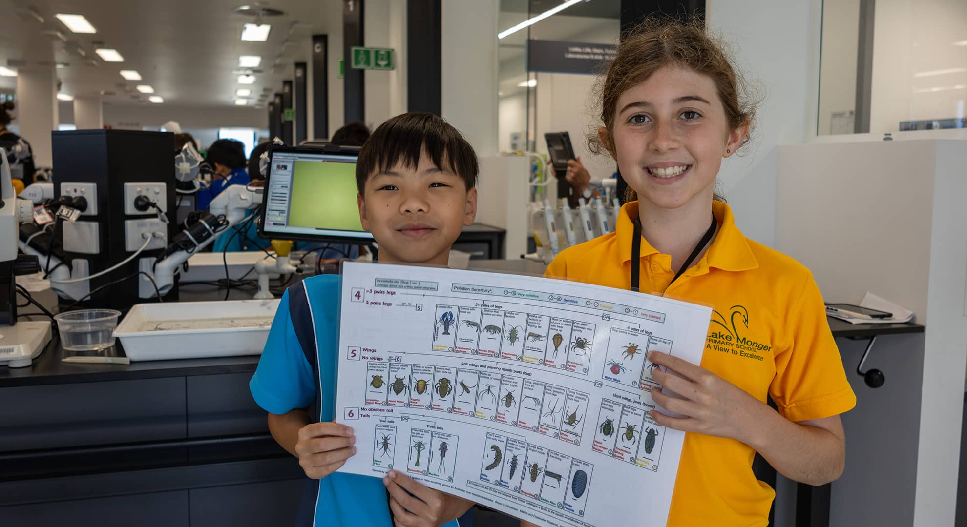 Two primary school students smiling at the camera while investigating macroinvertebrates that live in the Joondalup Campus lake.