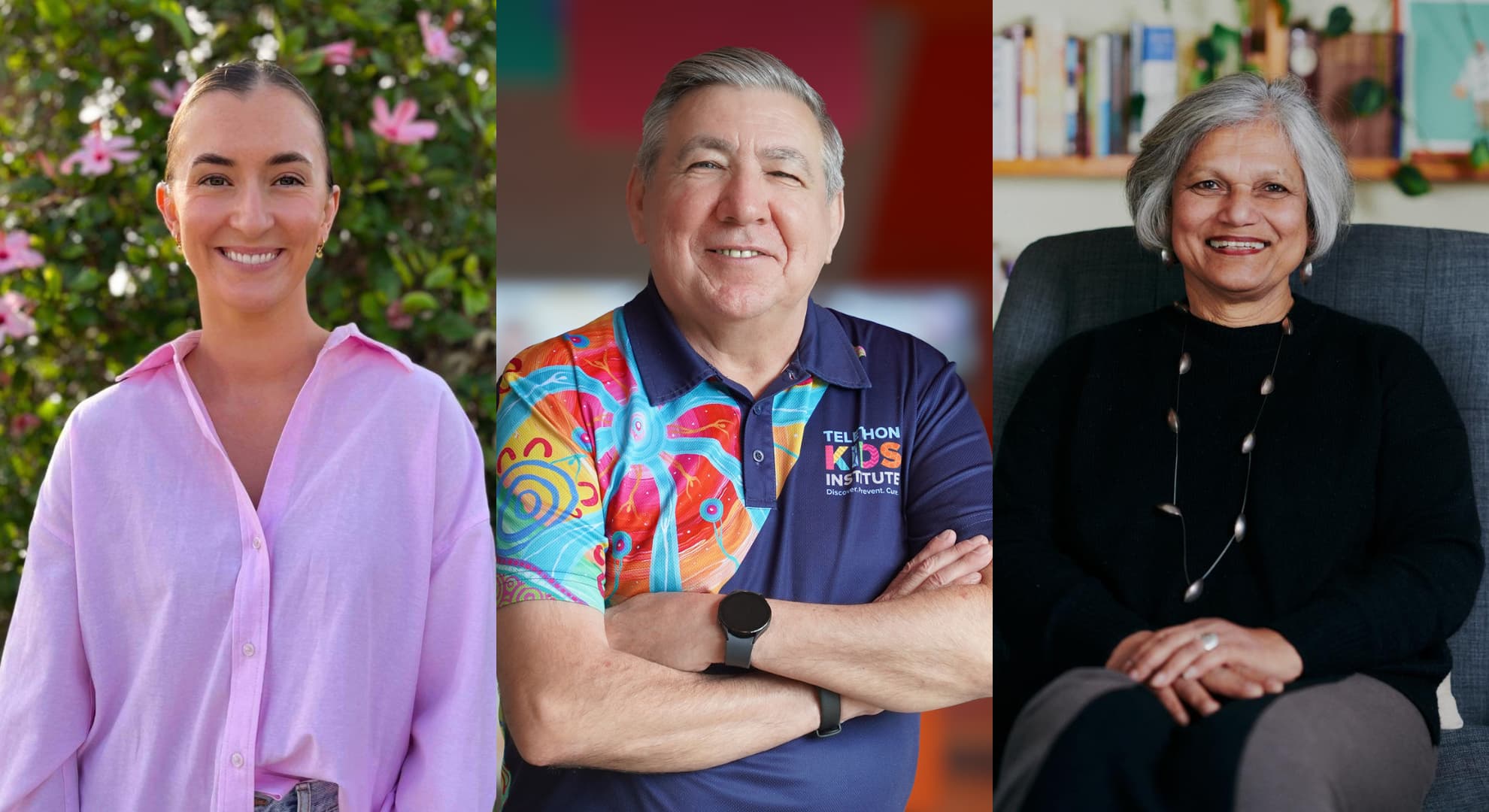 A woman grinning and wearing a pink button-down shirt, a man wearing a Telethon Kids Institute shirt with his arms crossed, and a woman sitting on an armchair.