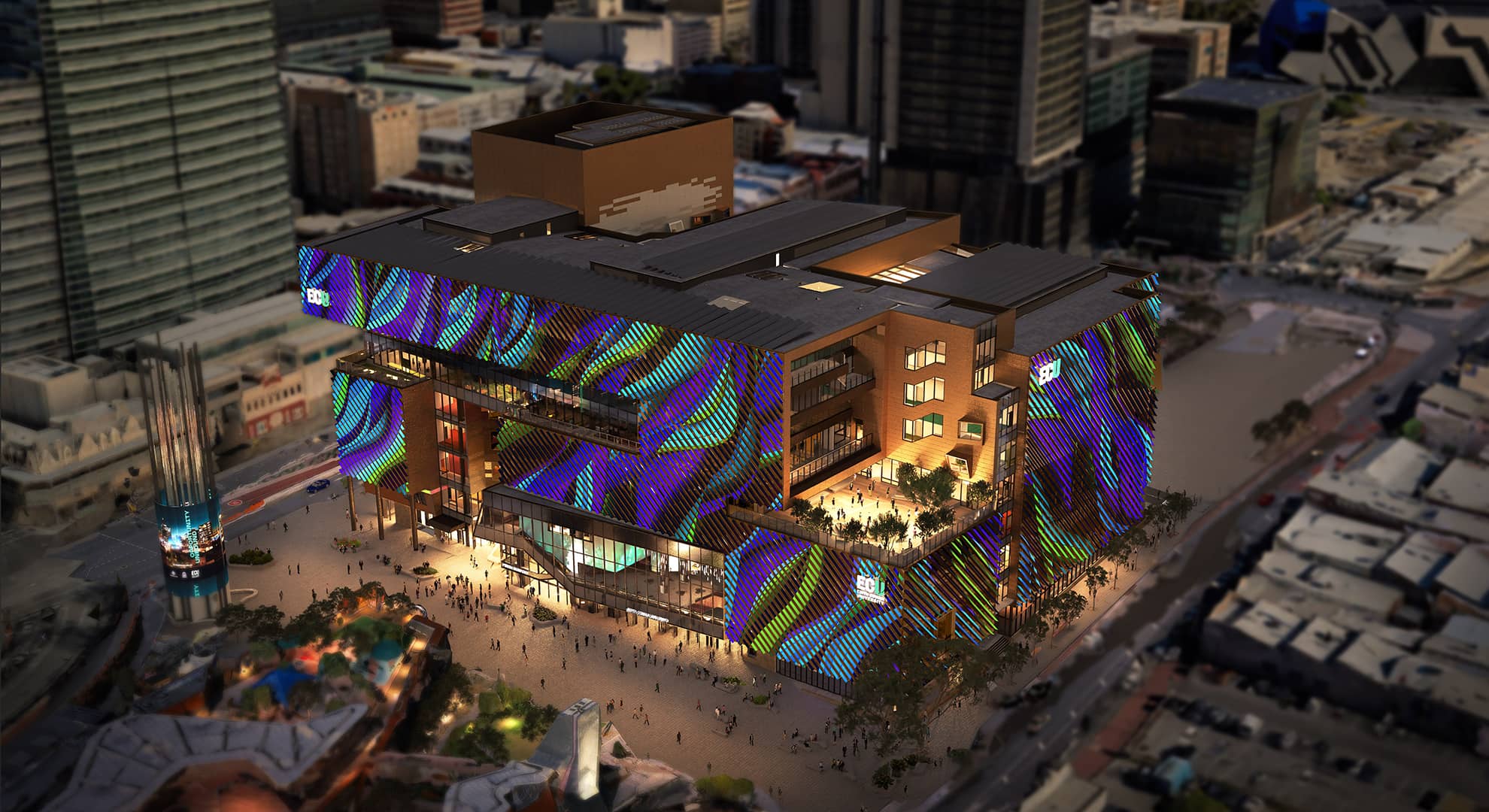 Large city building with lights on