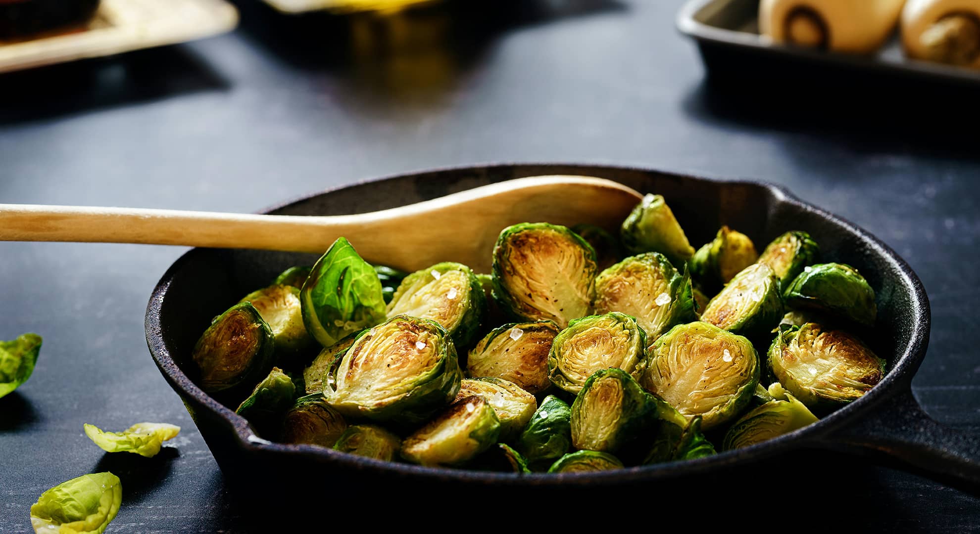 A pan with cooked brussel sprouts