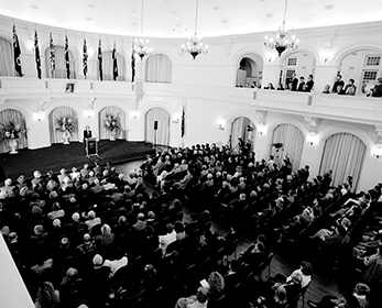 An audience listen attentively as Janet Holmes à Court presents 'Changes' at the Government House Ballroom in Western Australia in 1993, forming part of the Herbert Cole Coombs Lecture Series.