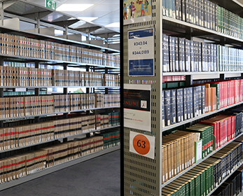 Images of ECU Law Collection before and after its relocation. Books and periodicals line the shelves at Joondalup Library.