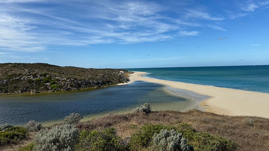 Western Australian landscape with the blue ocean, blue sky and shrubs.