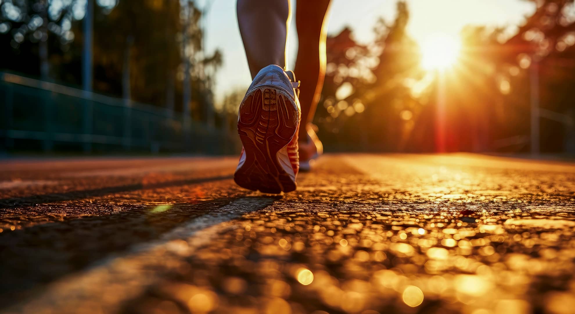 A foot running on a path at sunset.