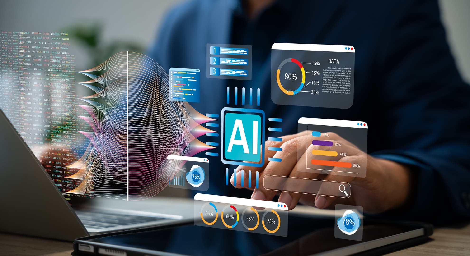 Man on a laptop with AI images overlaid.