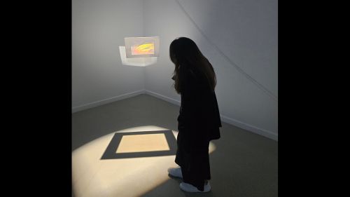 Woman looking at holographic print in light box